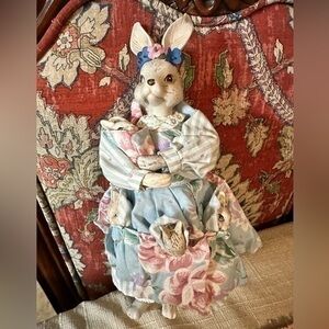 Vintage Porcelain Faced Rabbit Clothed mom  with 4 Porcelain Babies Apron this l